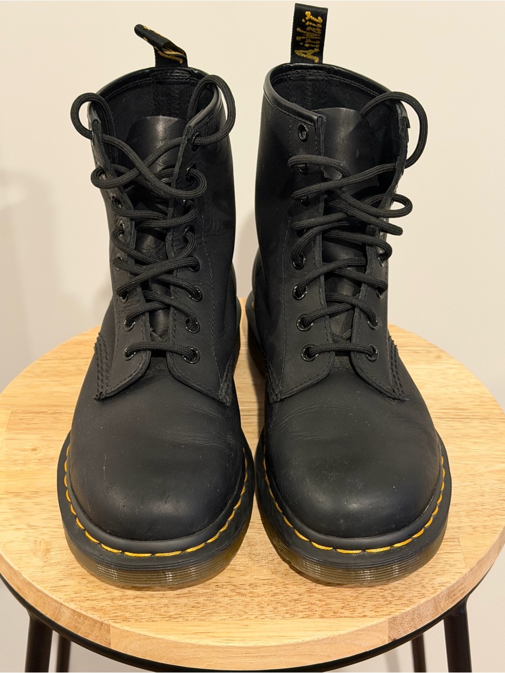 Dr. Martens Black Leather Lace-Up Boots with Yellow Stitching